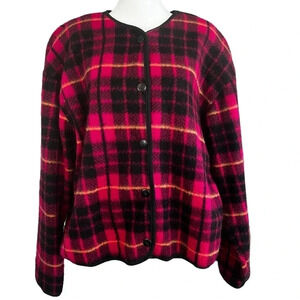 Vintage 90s DAVID WAYNE Pink Black Plaid Furry Fleece Cardigan Sweater‎ - SIZE L